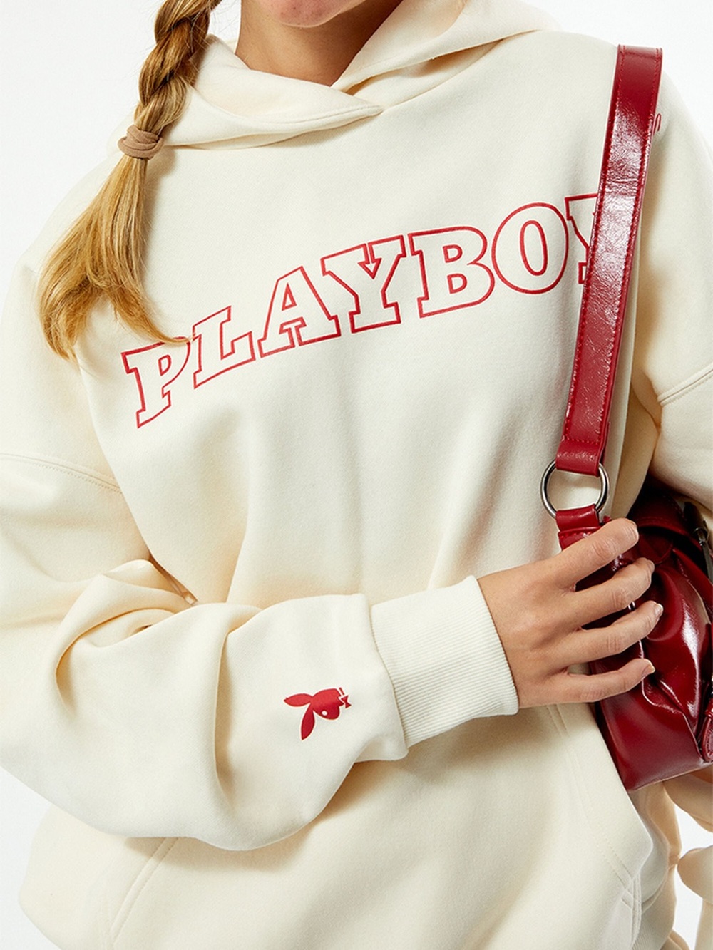 PLAYBOY Cream Hoodie with Red Bunny Logo Accent
